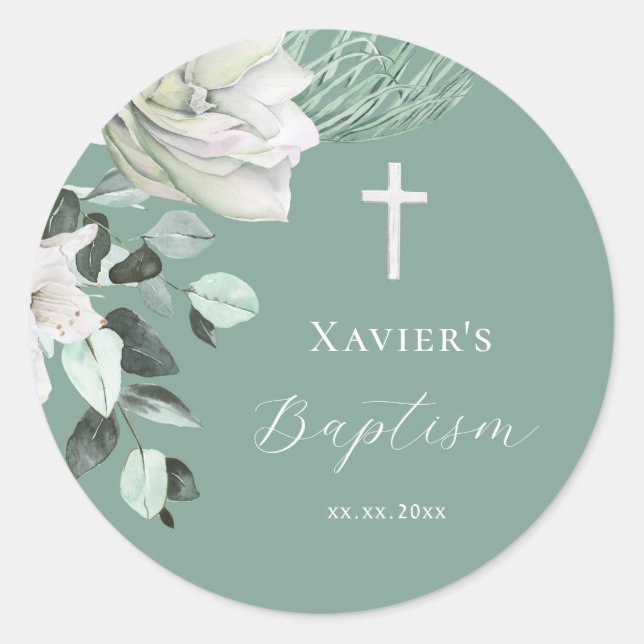  white green bouquet  Baptism Classic Round Sticker (Front)