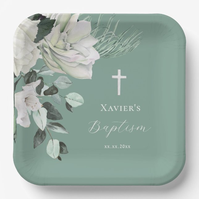  white green bouquet  Baptism Paper Plate (Front)