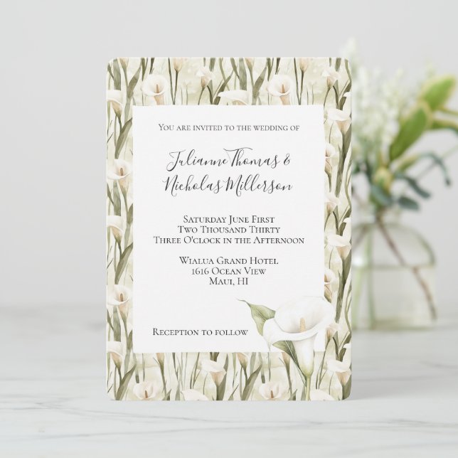 White Green Calla Lily Floral Wedding  Invitation (Standing Front)