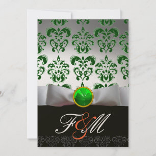WHITE GREEN DAMASK & SHAMROCK MONOGRAM GOLD Orange Invitation