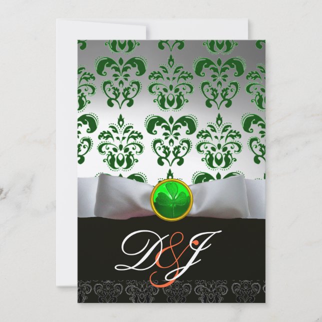 WHITE GREEN DAMASK & SHAMROCK MONOGRAM GOLD Orange Invitation (Front)