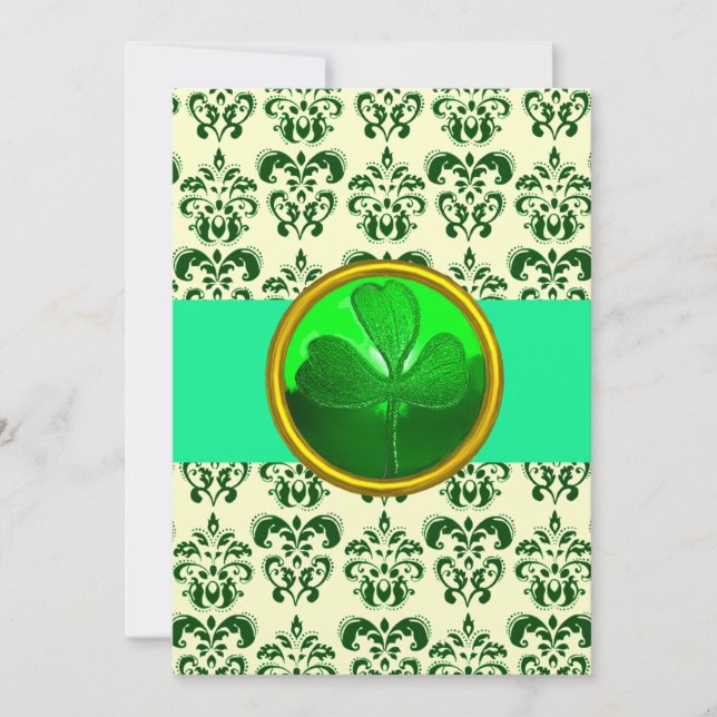 WHITE GREEN  DAMASK WITH SHAMROCK Silver Invitation (Front)