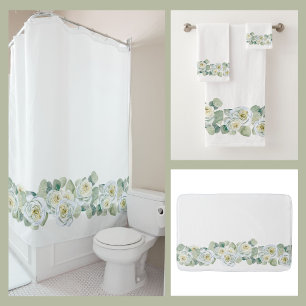 White green delicate watercolor roses leaves shower curtain