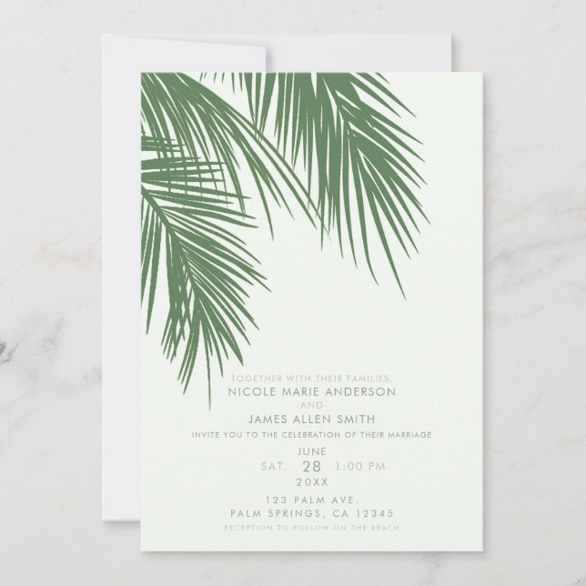 White Green Elegant Tropical Palm Leaves Wedding Invitation (Front)