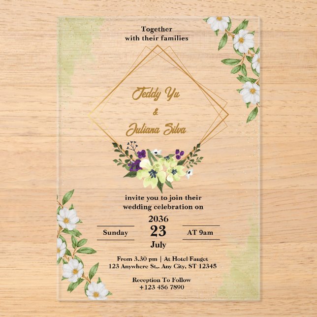White Green Floral Acrylic Wedding Invitations (Front)