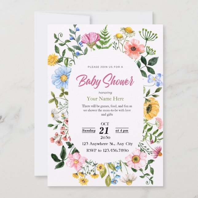 White & Green Floral Baby Shower Invitations Girl (Front)