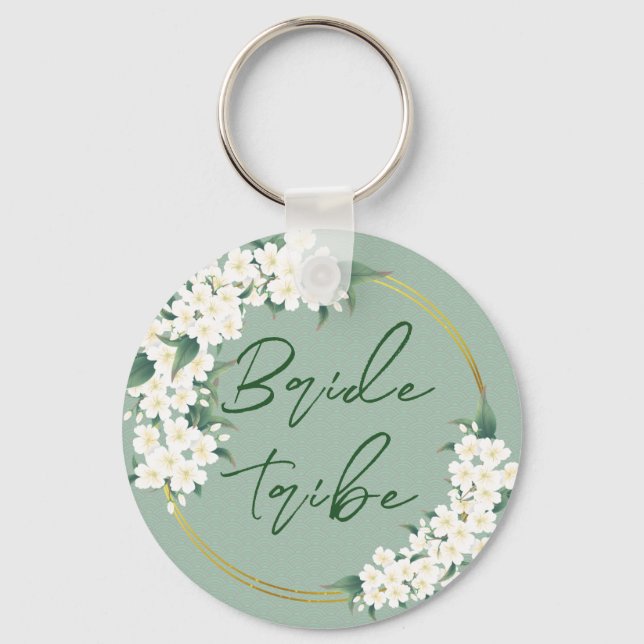 White Green Floral Bride Tribe Wedding Favor Key Ring (Front)
