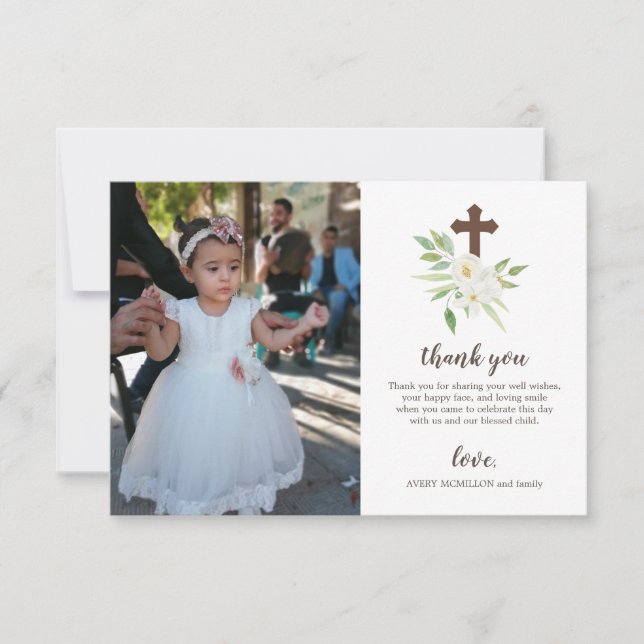 White & Green Floral Cross First Holy Communion Thank You Card (Front)