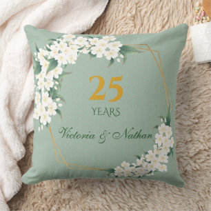 White Green Floral Gold Frame Wedding Anniversary Cushion