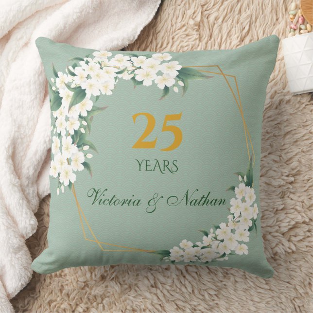 White Green Floral Gold Frame Wedding Anniversary Cushion (Blanket)
