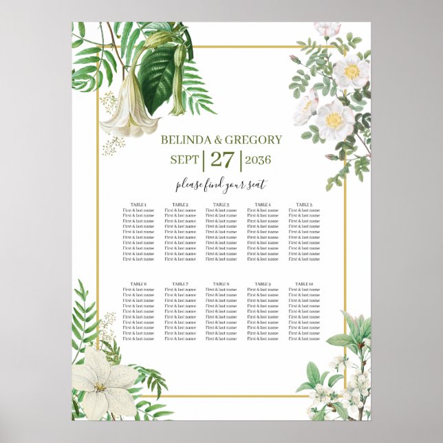 White Green Floral Gold Wedding Seating Chart (Front)