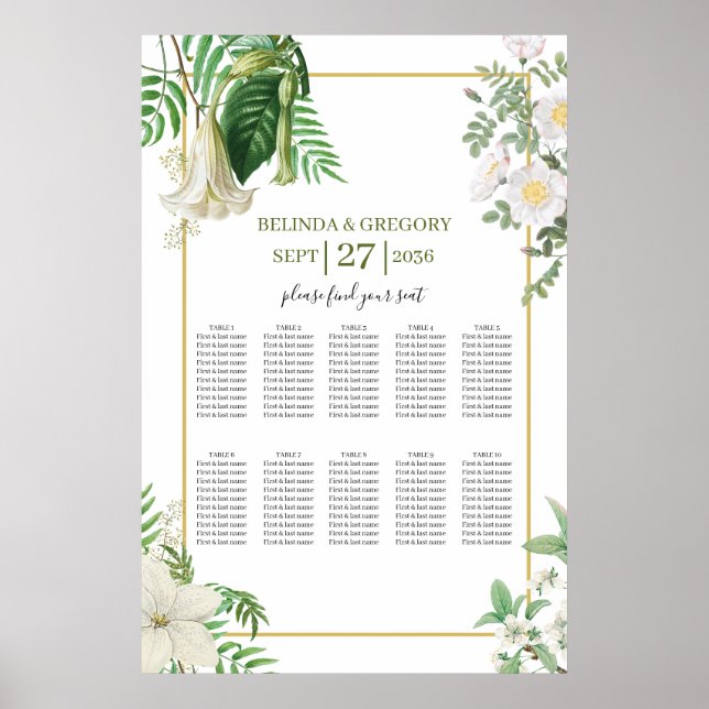 White Green Floral Gold Wedding Seating Chart (Front)