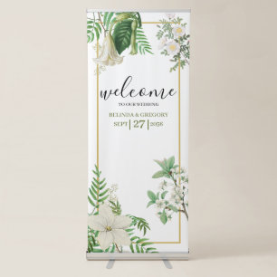 White Green Floral Gold Wedding Welcome Sign