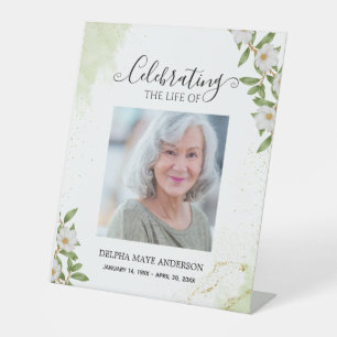 White & Green Floral Memorial Funeral  Pedestal Sign