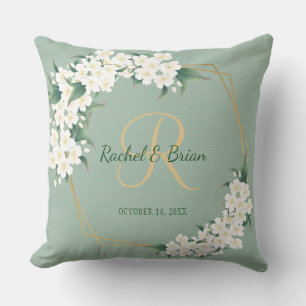 White Green Floral Monogram Wedding Keepsake Throw Cushion