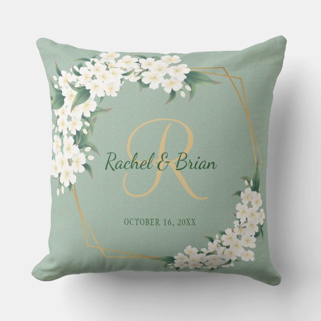 White Green Floral Monogram Wedding Keepsake Throw Cushion (Front)