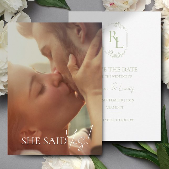 White Green Floral Monogram Wedding Save The Date Announcement (Creator Uploaded)