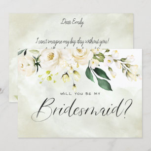 White & Green Floral Watercolor Script Bridesmaid Invitation
