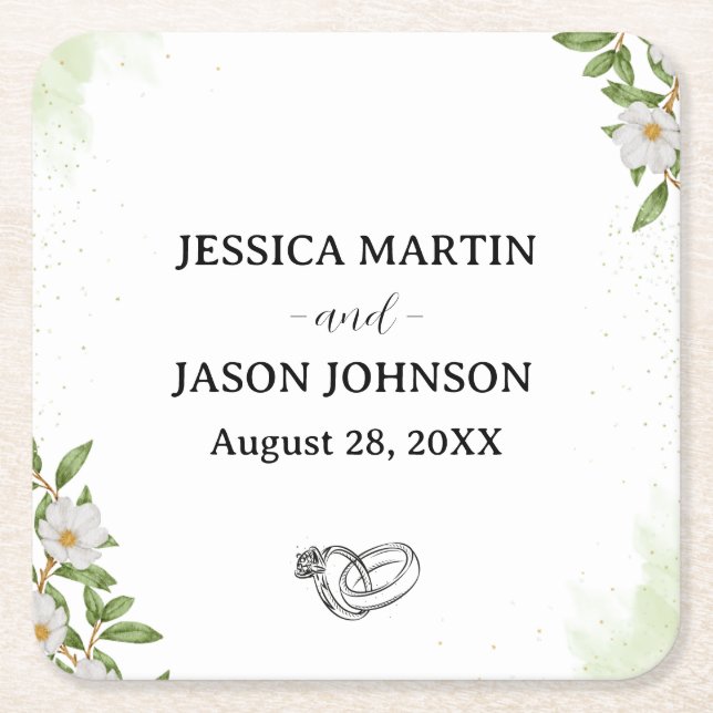 White Green Floral Watercolor Wedding  Square Paper Coaster (Front)