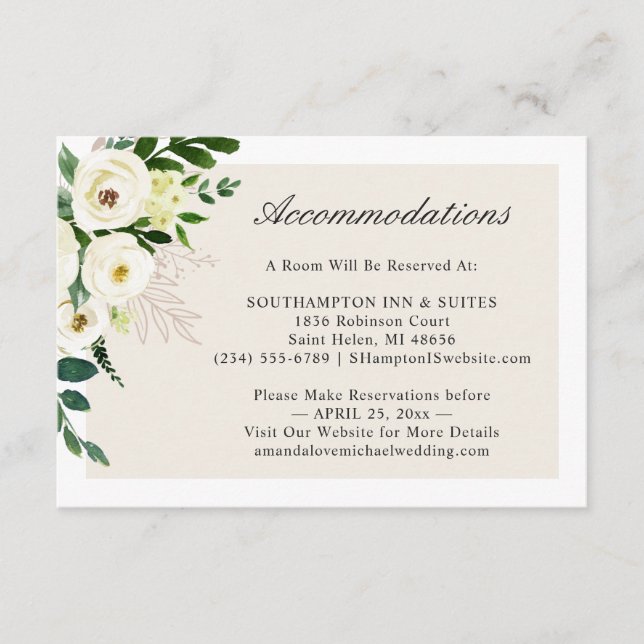 White Green Floral Wedding Accommodations Card (Front)