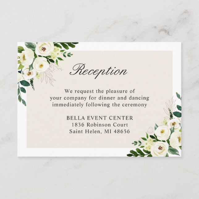 White Green Floral Wedding Details Reception Enclosure Card (Front)