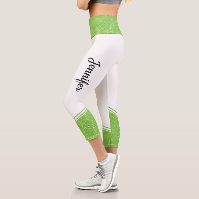 White & green floral white stripe name modern capri leggings (Left)