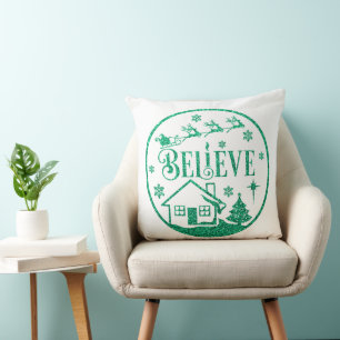 White & Green Glitter Believe Christmas Decorative Cushion