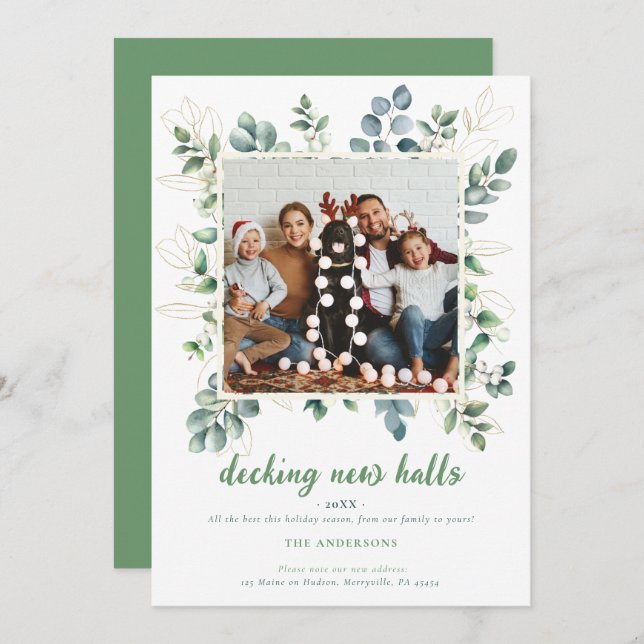 White Green Gold Winter Berries New Address Photo Holiday Card (Front/Back)