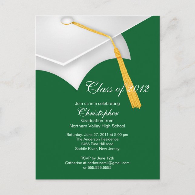 White Green Grad Cap Graduation Party Invitation Postcard (Front)