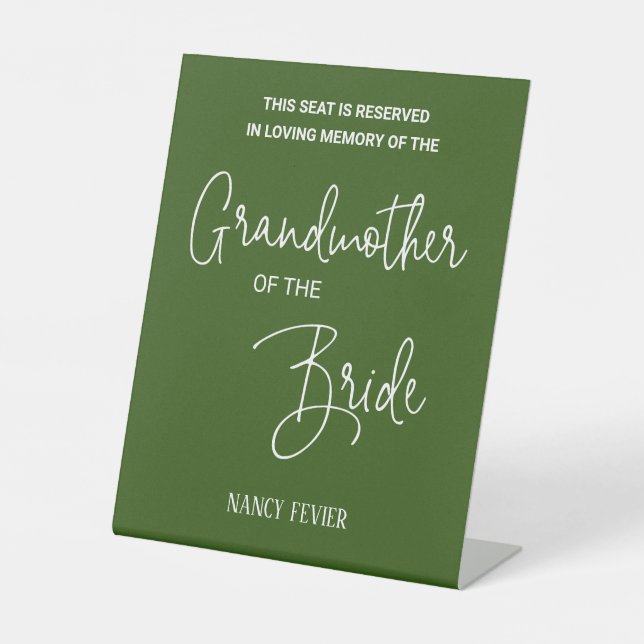 White Green Grandmother of Bride Memorial Wedding Pedestal Sign (Front)