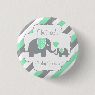 White, Green & Grey Stripe Elephants Baby Shower 3 Cm Round Badge