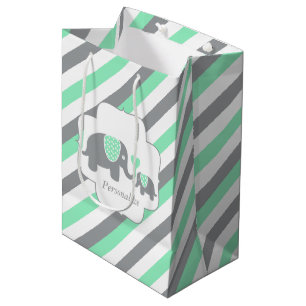 White, Green & Grey Stripe Elephants Baby Shower Medium Gift Bag