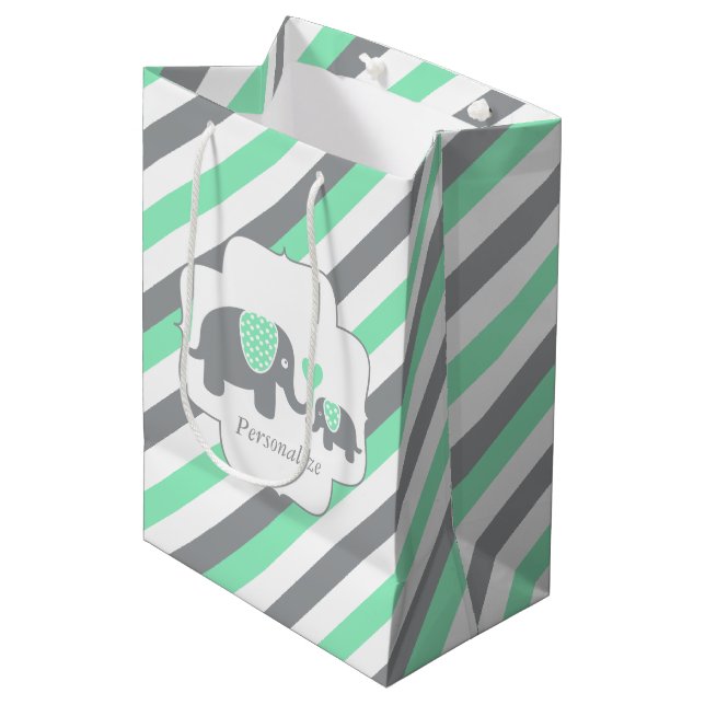 White, Green & Grey Stripe Elephants Baby Shower Medium Gift Bag (Front Angled)