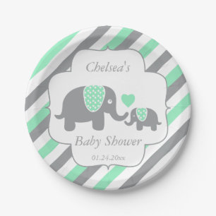 White, Green & Grey Stripe Elephants Baby Shower Paper Plate