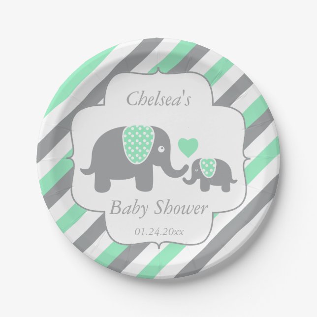 White, Green & Grey Stripe Elephants Baby Shower Paper Plate (Front)