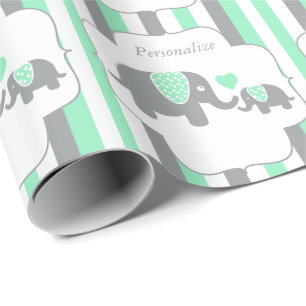 White, Green & Grey Stripe Elephants Baby Shower Wrapping Paper