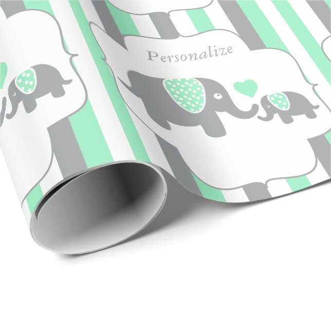 White, Green & Grey Stripe Elephants Baby Shower Wrapping Paper (Roll Corner)