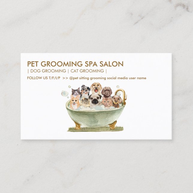 White Green Grooming Pet Bath Spa Cats Dogs Business Card (Front)