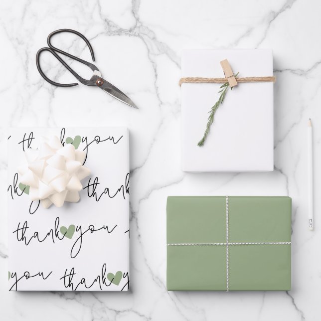 White Green Heart Thank You 3 Set Wrapping Paper (Front)