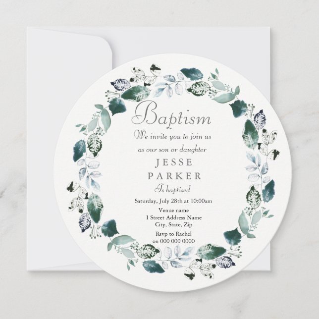 White Green leaf wreath Boy Girl Baptism Invite (Front)