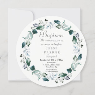 White Green leaf wreath Boy Girl Baptism Invite