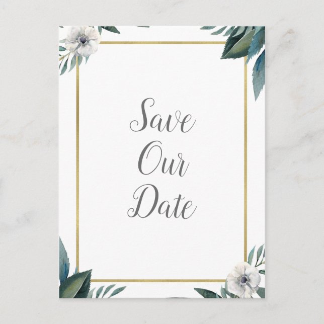 White Green Leaves Anemone Floral Save The Date Announcement Postcard (Front)