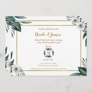 White Green Leaves Anemone Floral Wedding Invitation