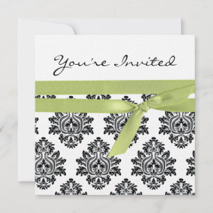 White & Green linen Damask baby shower invite