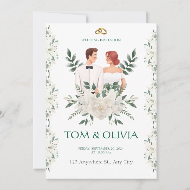 White & Green Minimalist Floral Wedding Invitation (Front)