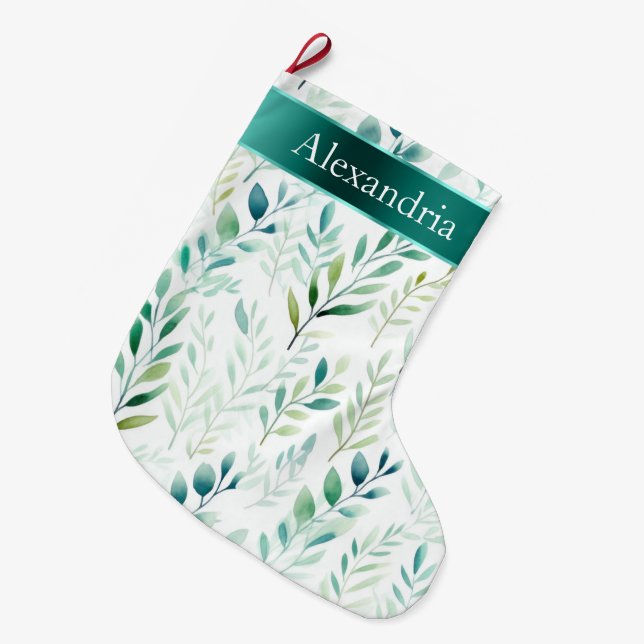 White Green Mint Leaves Christmas Name Large Christmas Stocking (Front (Hanging))