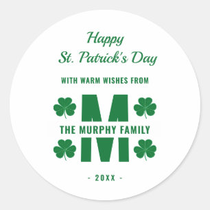 White Green Monogram Family Name St. Patrick's Day Classic Round Sticker