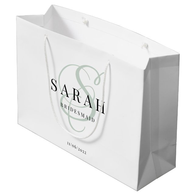 White Green Monogram Personalised Bridesmaid Large Gift Bag (Back Angled)