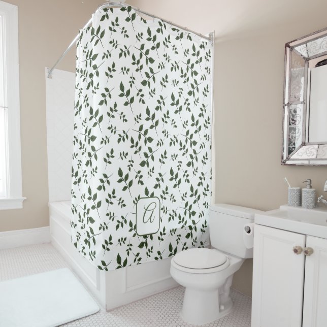 White green  pattern leaves  name letter shower curtain (In Situ)