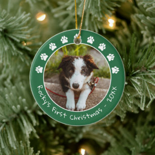 White Green Paw Prints Pet's First Christmas Photo Ceramic Tree Decoration